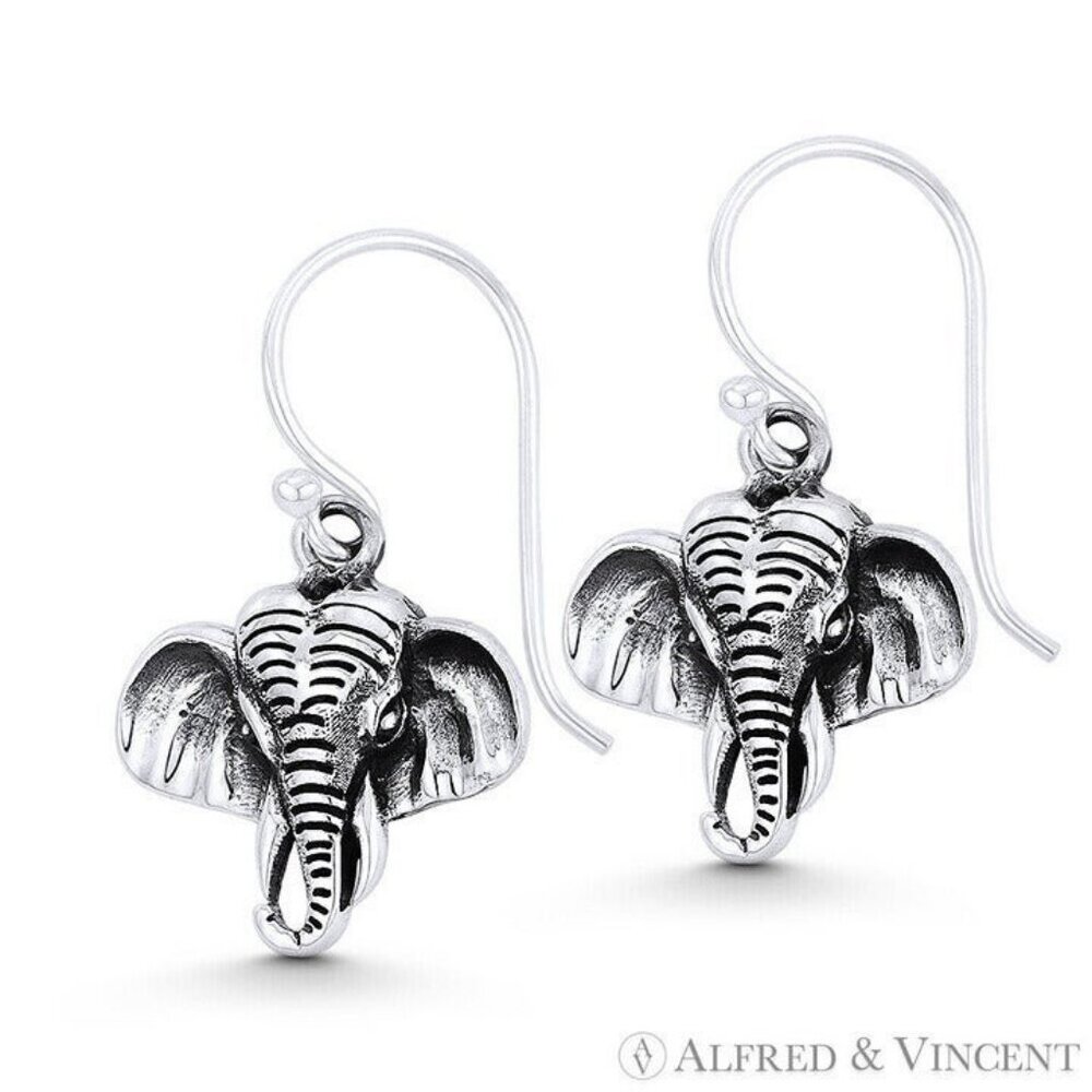 Elephant Head Animal Charm Earrings in Oxidized .925 Sterling Silver